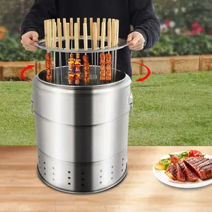 CNCEST Stainless Steel Charcoal Grill with 20-Skewer Rotating Hanging Rack, Double-Walled Even Heat Design, Travel-Friendly Kitchenware, Grill Brush & Barbecue Accessories for Kebabs
