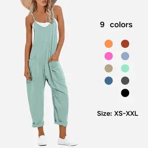 Molitree Women's Causal Jumpsuits V Neck Sleeveless Harem Overalls Stretchy Adjustable Strap Romper with Pockets