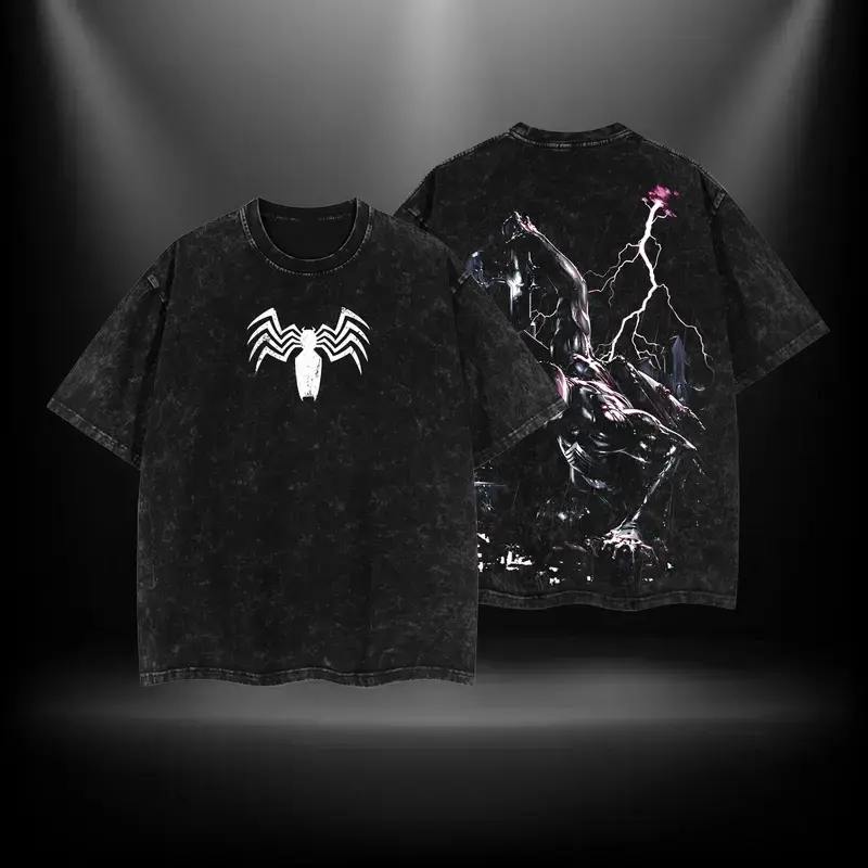 Black Suit Spidey Symbiote MCU Comic Double Printed Oversize Lightweight Acid Washed Tee TV Series Graphic Top Cotton Streetwear T-Shirt