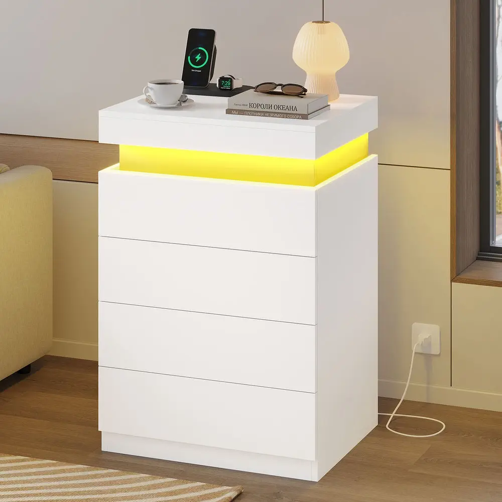 [SummerSale] Sikaic Nightstand with 4 Drawers and LED Lights, Bedside Table with Sliding Top and Charging Station, Modern End Side Table for Bedroom, Home Furniture, Dorm Essentials