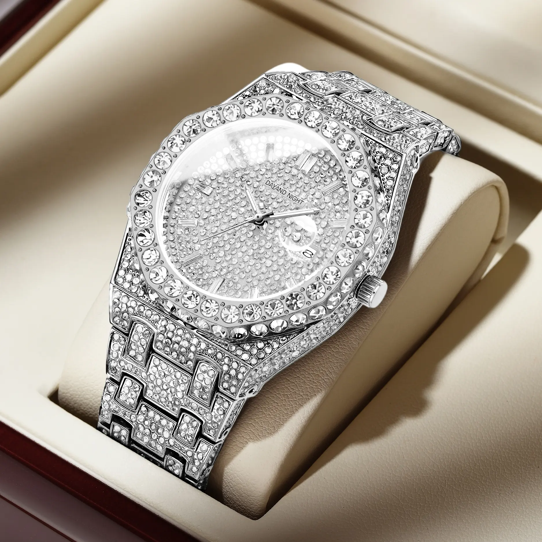 Men's 42mm Iced Out Moissanite Diamond Quartz Analog Watch - Full Diamond Bling, Waterproof, Luxurious Fashionable Men's Accessory for Daily Business Wear, Perfect Valentine's Gift for Boyfriend, Men's Accessories