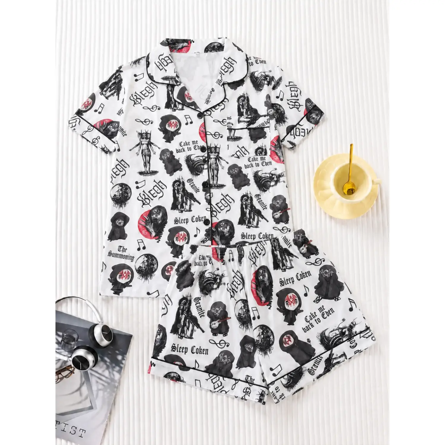 Women's Rock Style Satin Pajama Set - Printed Short Sleeve Button Top & Shorts, Premium Comfort Loose Fit Sleepwear and Loungewear