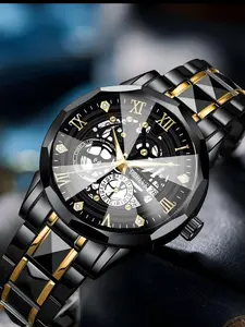 Men's Fashion Watch, Quartz Analog Wristwatch, Elegant Analog Dial, Hollow Design, Roman Numerals, Quartz Movement, Date Display, Business & Casual Wear, Perfect Gift