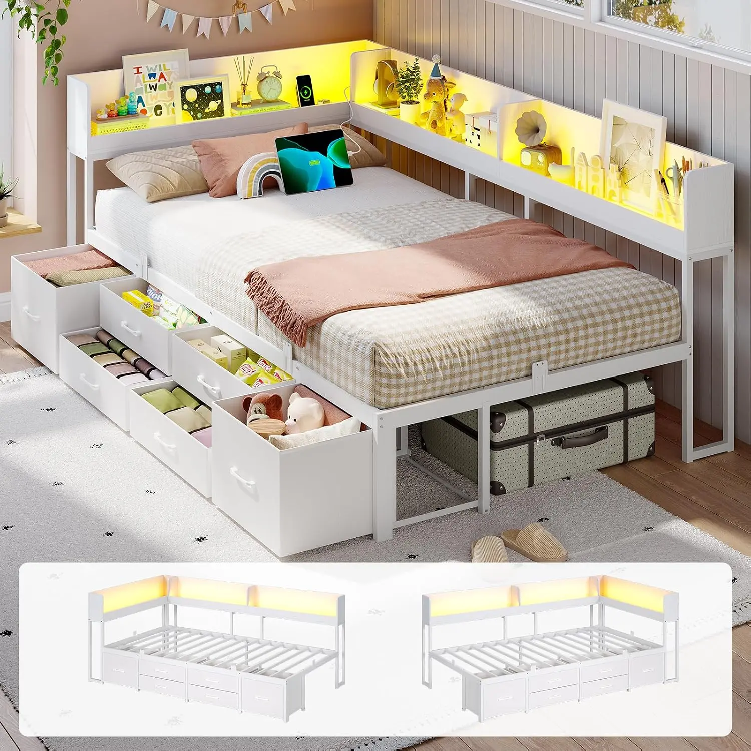 [TiktokShopStockUp] Sikaic Twin Corner Bed Frame with Storage, 6 Drawers & Bookcase, Metal Platform Bed with LED Lights and Charging Station, Twin Daybed for Teens, Space-Saving Design, White