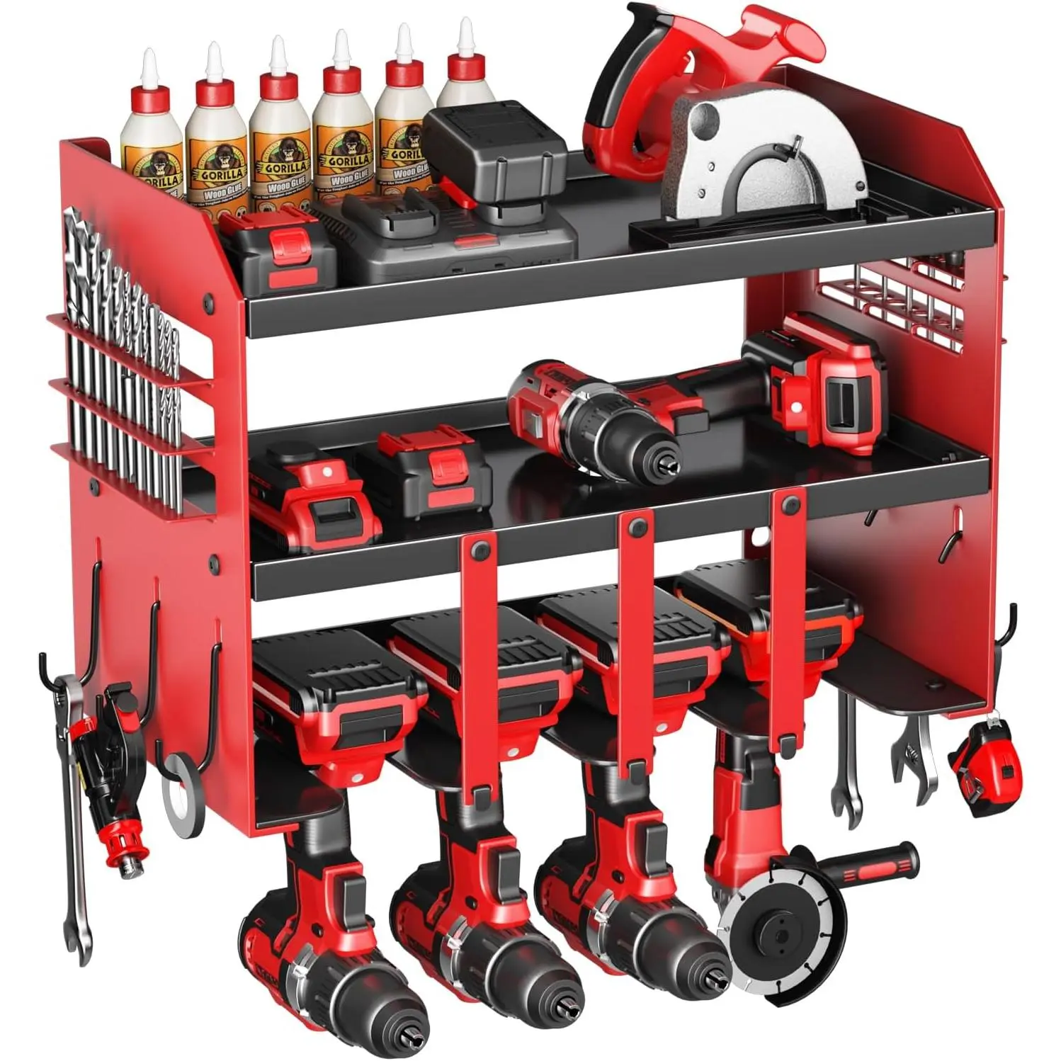 Power Tool Organizer Wall Mount - 120Lbs Load 3 Layers Storage Rack 4 Drill Holders for Drills Cordless Heavy Duty lron Garage Tool Organizer Storage - Workshop Shed Pegboard Basement, Gifts for Men