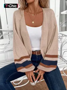 Autumn Winter Casual Striped Lantern Sleeve Drop Shoulder Knit Loose-Fit Sweater Jacket Knitwear, Women's Fashion Outerwear for Daily Wear