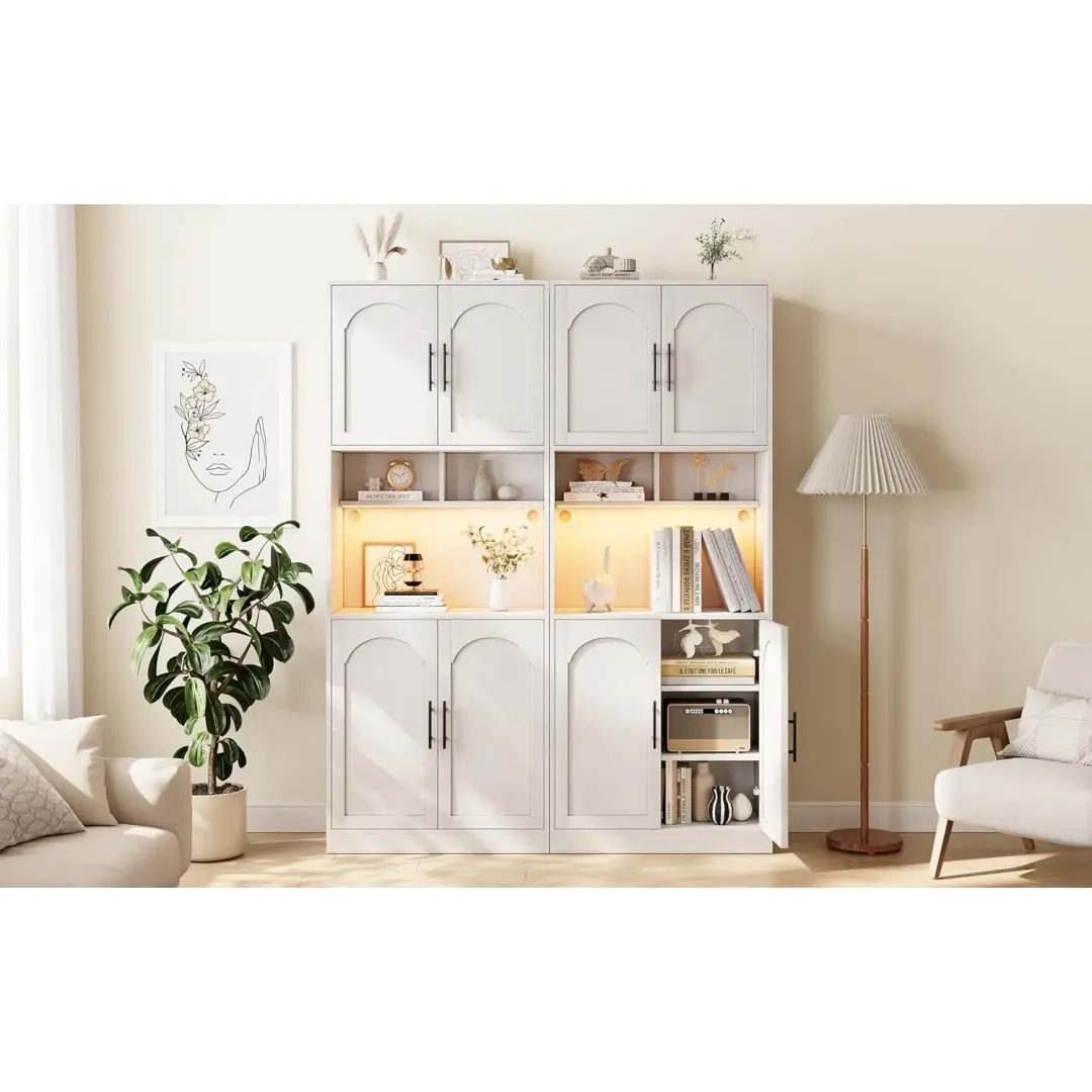 【Christmas Gift】Home 71 Inch Tall Pantry Cabinet with Countertop Kitchen Cabinets with LED Light Strip and Microwave Shelf Kitchen Hutch Storage Cabinet with Adjustable Shelves for Dining Room -White