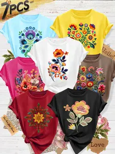 7Pcs Women's Crew Neck T-Shirts, Vintage Folk Floral Series Print, Multiple Colors Available, Machine Washable, Spring & Summer Tops, Soft Skin-Friendly Fabric, Daily Versatile, Casual Fashion Design