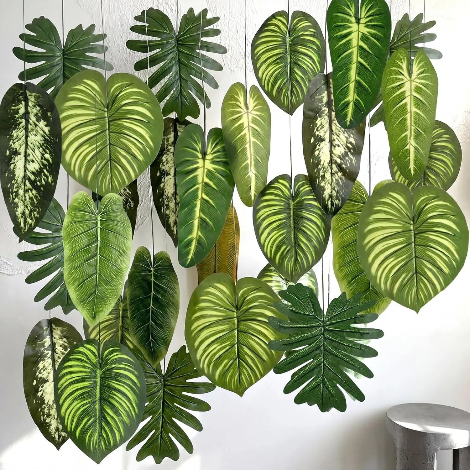 24 Pcs Artificial Palm Leaves 17 Inch Large Tropical Jungle Party Decorations Rainforest Safari Hanging Ceiling Ornaments Fake Monstera Decor for Hawaiian Luau Party Summer Indoor Outdoor