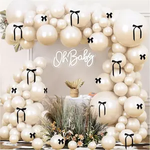 Black Bow Balloon Arch 93Pcs Pearl White Sand Double Stuffed Balloons Garland Kit With 18Pcs Black Bows For Black Bow Baby Shower Coquette Birthday Party Decorations