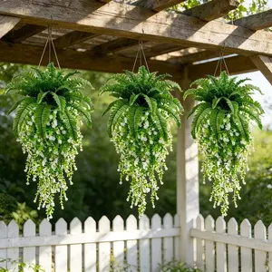 3-Piece Set - 29.8-inch High-Quality Camellia Wall Hanger and Boston Fern Hanging Set, Large Outdoor Artificial Green Flowers, Suitable for Outdoor, Wedding, Garden, and Patio Decoration, Maintenance-Free, Perfect for Spring and Summer.