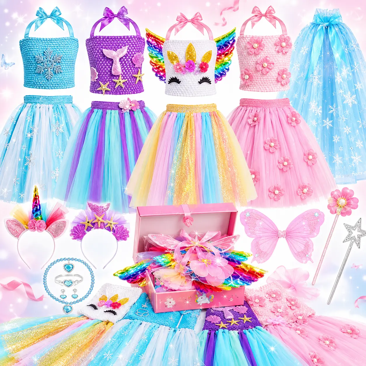 Girls' 18-Piece Princess Costume Dress-Up Set - Kids Cosplay Toys with Cosmetic Bag, Summer Clothing, Christmas Gifts for 3-6 Year Olds, Princesscostume