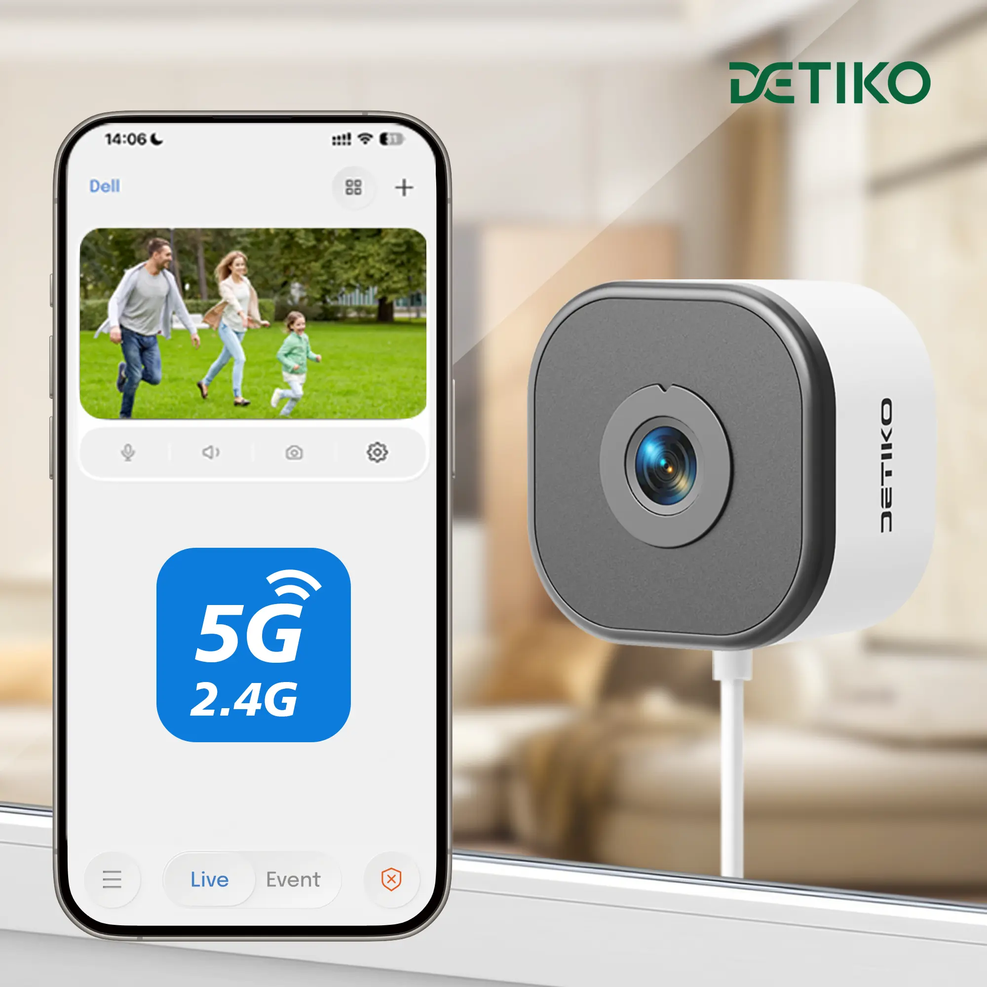 DETIKO 2K WiFi Window Security Camera, AI Full Color Night Vision, Person & Motion Detection, Dual-Band 2.4GHz/5GHz Indoor Camera, Easy No-Drill Install, 24/7 Recording, for Home & Apartment, 1/2 Pack Options