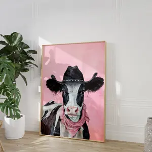 BridgeMusic Cow Cowboy Hat, Pink Print, Vintage Art, Trendy Wall Art, Cow Print Cowgirl Hat Print, Funky Western Art