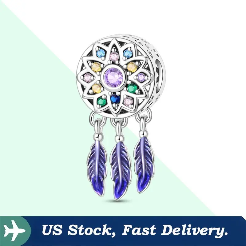 Women's S925 Sterling Silver Dream Catcher Charm - Boho Ethnic Pendant with Colored Beads, Hypoallergenic, for DIY Bracelets, Necklaces, Earrings, Anniversary Birthday Valentine's Day Gift, Hypoallergenic Earrings