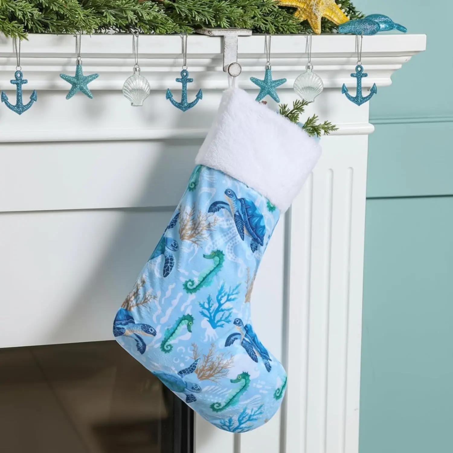 18 in Large Coastal Christmas Stocking Teal Beach Plush Christmas Stocking with Real Starfish Sea Turtle Ocean Nautical Xmas Hanging Decor Gifts for Hawaiian Party Holiday Xmas Tree Fireplace