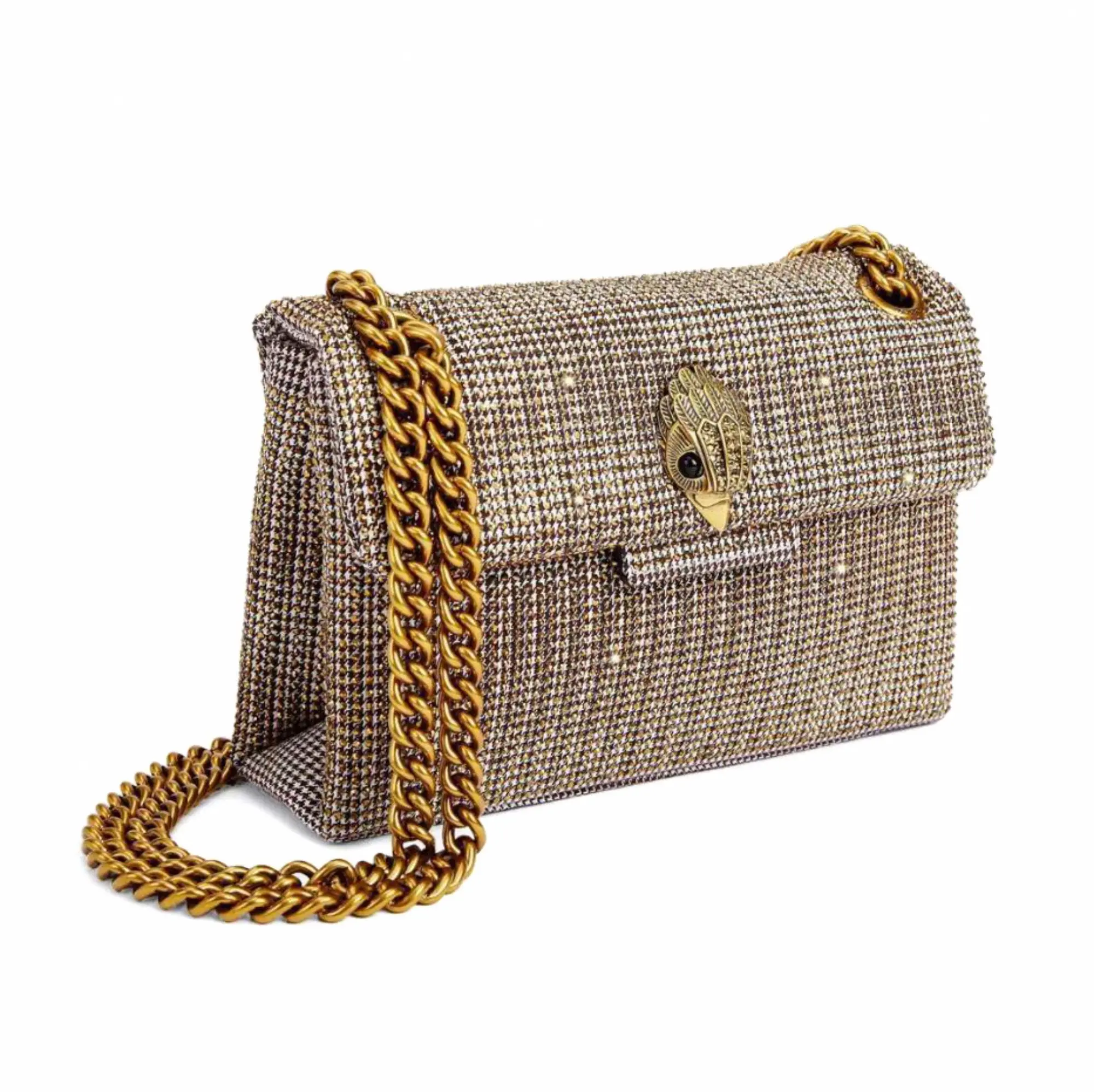 Kurt Geiger London Houndstooth Rhinestone Shoulder Bag Gold Eagle Head Crystal Chain Strap Crossbody Purse Women