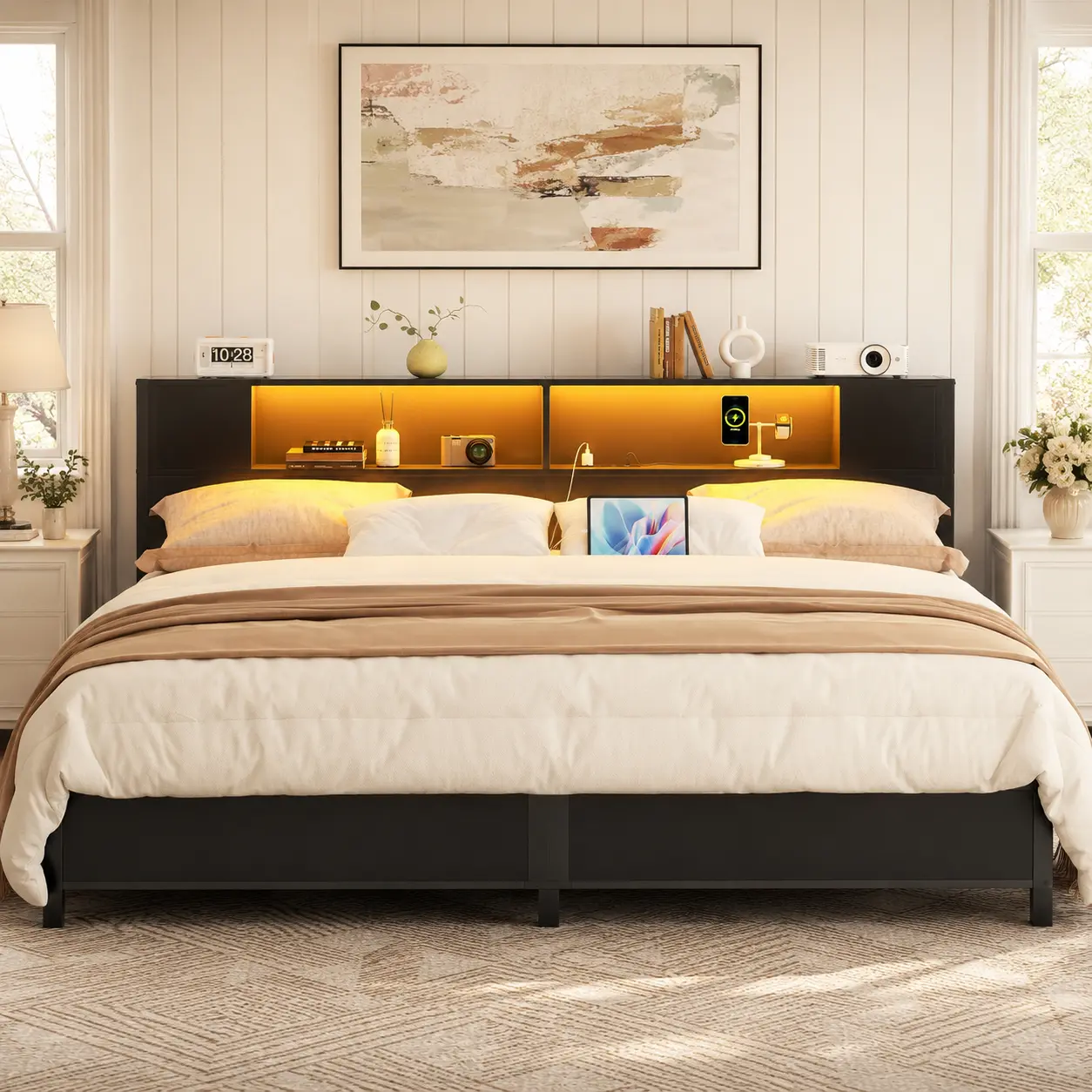 Homieasy Bed Frame with Storage Headboard and Charging Station, Luxury Cool Bed Frame with LED Lights, Steel Slat Support, No Box Spring Needed, Noise-Free, Easy Assembly