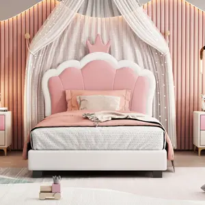 【Bellemave】Twin/full size Upholstered Princess Bed With Crown Headboard,Twin Size Platform Bed with Headboard and Footboard, White+Pink