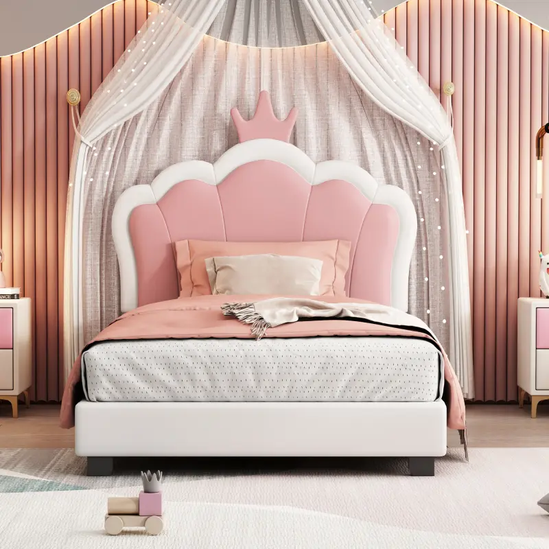 【Bellemave】Twin/full size Upholstered Princess Bed With Crown Headboard,Twin Size Platform Bed with Headboard and Footboard, White+Pink