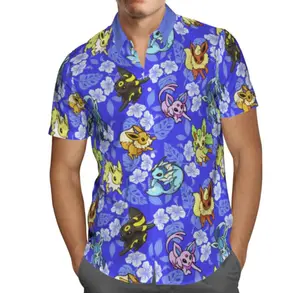 Eevee Eeveelutions Hawaiian Button Up Anime Shirt, Gifts for Him, Mens Clothing, Christmas, Birthday, Father's Day, Menswear Top Tropical Short sleeve