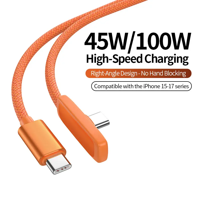 45W Ultra-Fast USB Charger Cable, 90° Right-Angle Braided Bend Type-C to Type-C, Compatible with Apple & Samsung Mobile Electronic Cellphone Devices, Suitable for Gaming & Work, Single End