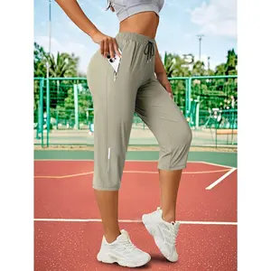 Women's Ice Silk 3/4 Pants – High Elastic Breathable Drawstring Waist with Zipper Pocket, Lightweight Outdoor & Casual Trousers for Summer, Travel & Gym – Multiple Colors
