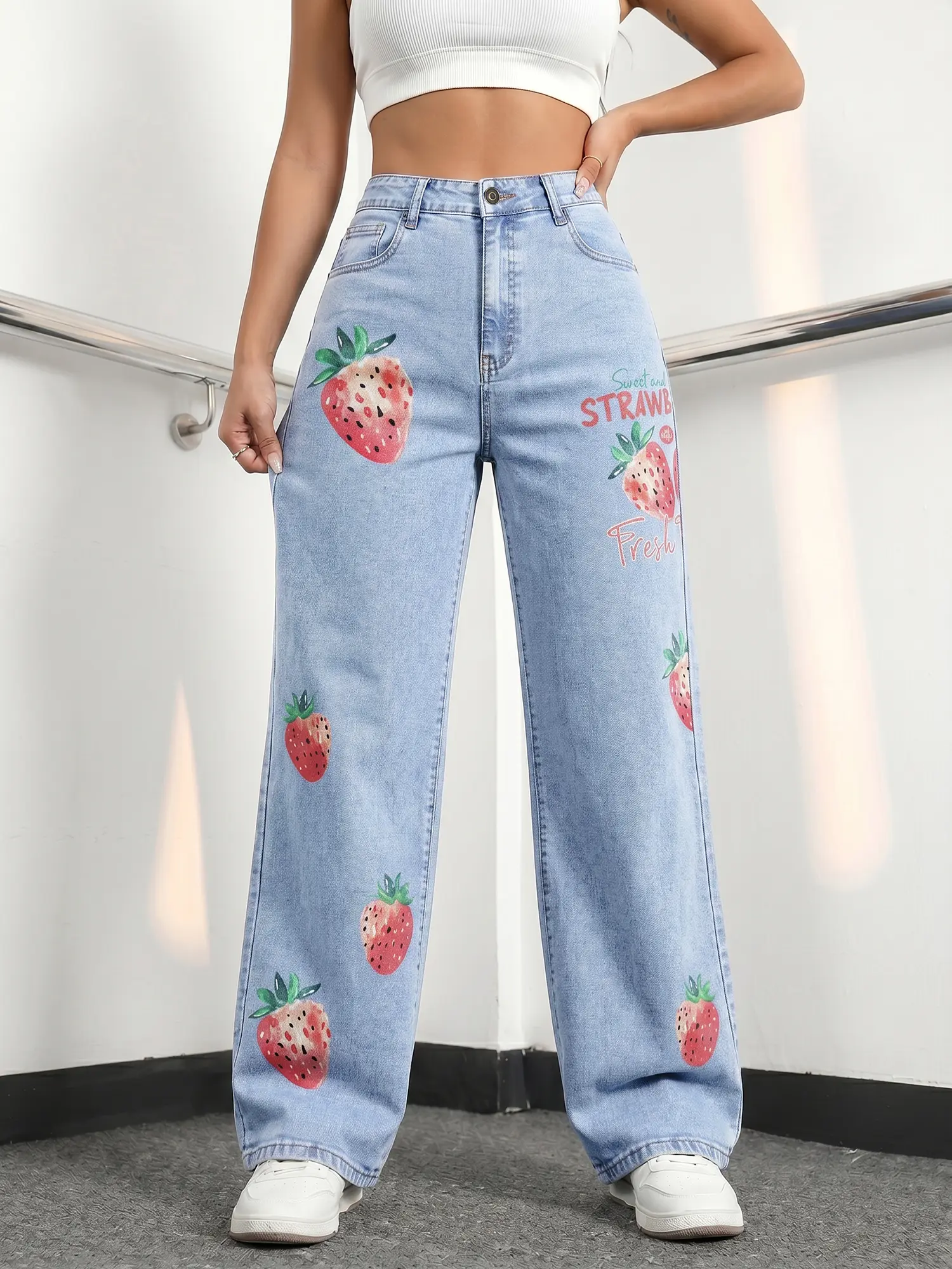 Jr Jeanius Wear Women's High Waist Wide Leg Baggy Loose Woven Printed Jeans - High Stretch Blue Wash, Watercolor Strawberry Print, Button Closure, Breathable Streetwear, Y2K Style, Stacked Cuff Bottom, Sweet Everyday Outfit