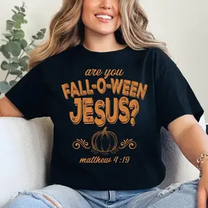 Unisex Fall Halloween Graphic Tee, Are You Fall-O-Ween Jesus Matthew 4:19 Print T-Shirt, Autumn Pumpkin Streetwear Top, Soft Breathable Cotton, Loose Fit for Daily Wear, Fall Outfit, Religious Thanksgiving Shirt