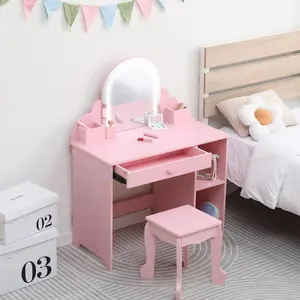 Pink+accessories Vanity with Lighted Mirror, 2 in 1 Little Girls Vanity Table & Stool, Kids Makeup with Drawer & Open Shelves