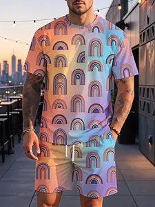 Macaron Rainbow Print: Fresh and Trendy Style. American Streetwear Gradient Rainbow Set: Slightly Stretchy, Comfortable T-Shirt + Shorts. Perfect for Summer Outings and Casual Sports. A Best-Selling Men's Set in Europe and the U.S.