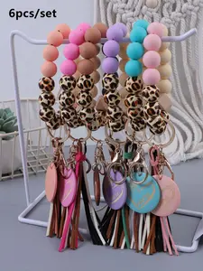 Mother's Day Gift Fashion Leopard Print Beaded & Tassel Decor Keychain, Cute Heart & MAMA Letter Engraved Wooden Keychain for Women & Girls, Trendy All-match Keychain for Birthday Gift, Bling Bling Keychains, Keychain Set