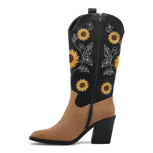 rosyclo Western Cowboy Boots for Women Mid Calf with Classic Sunflower Embroidered Design, Chunky High Heels, Retro Pull-On Style Footwear Black