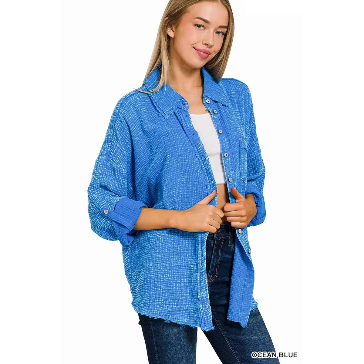 MINERAL WASHED DOUBLE GAUZE BUTTON DOWN SHIRT: