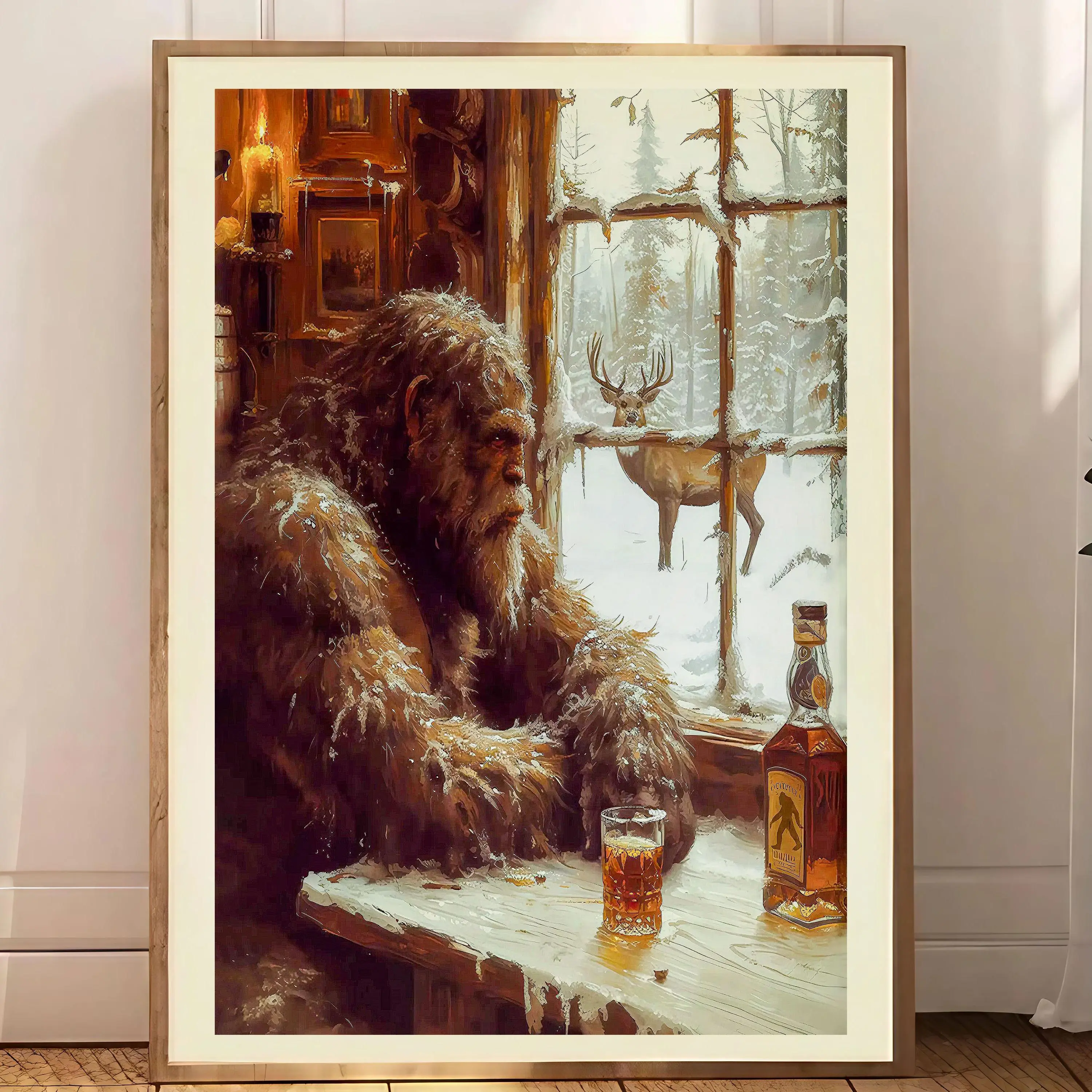 Vintage Sasquatch Bigfoot Print, Sasquatch Whiskey Wall Art for Bar Deer Camp Hunting Cabin Wall Decor, Bigfoot unframed poster Gift for Him Father's Day Wall Art Stickers Decoration