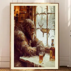 Vintage Sasquatch Bigfoot Print, Sasquatch Whiskey Wall Art for Bar Deer Camp Hunting Cabin Wall Decor, Bigfoot unframed poster Gift for Him Father's Day Wall Art Stickers Decoration