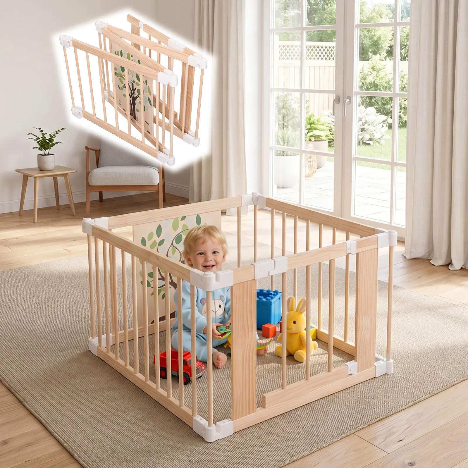 Extra Large Wooden Baby Playpen, Adjustable Play Yard for Babies and Toddlers, Baby Activity Center with Child Proof Lock, Easy to Assemble