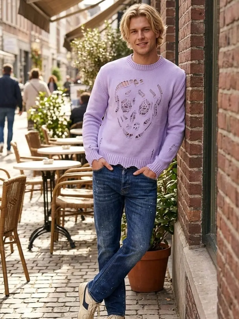 Men’s Skull Cutout Knit Sweater – Lavender