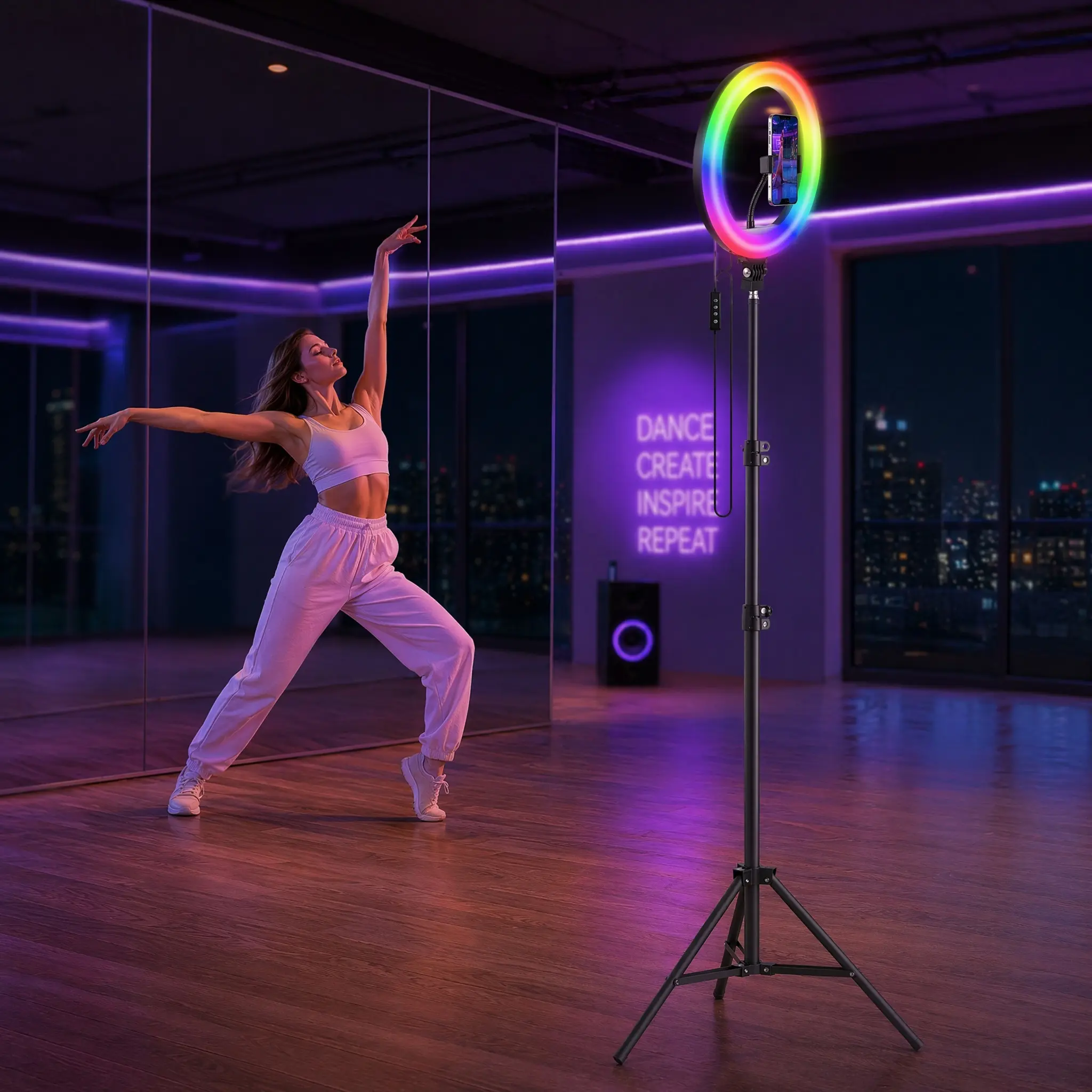 12" RGB LED Mobile Selfie Light Kit with Adjustable Phone Holder, 43" Tripod with Weighted Base, Remote, Seamless Height Adjustments for iPhone/Android Makeup Tutorials, Video Conferences