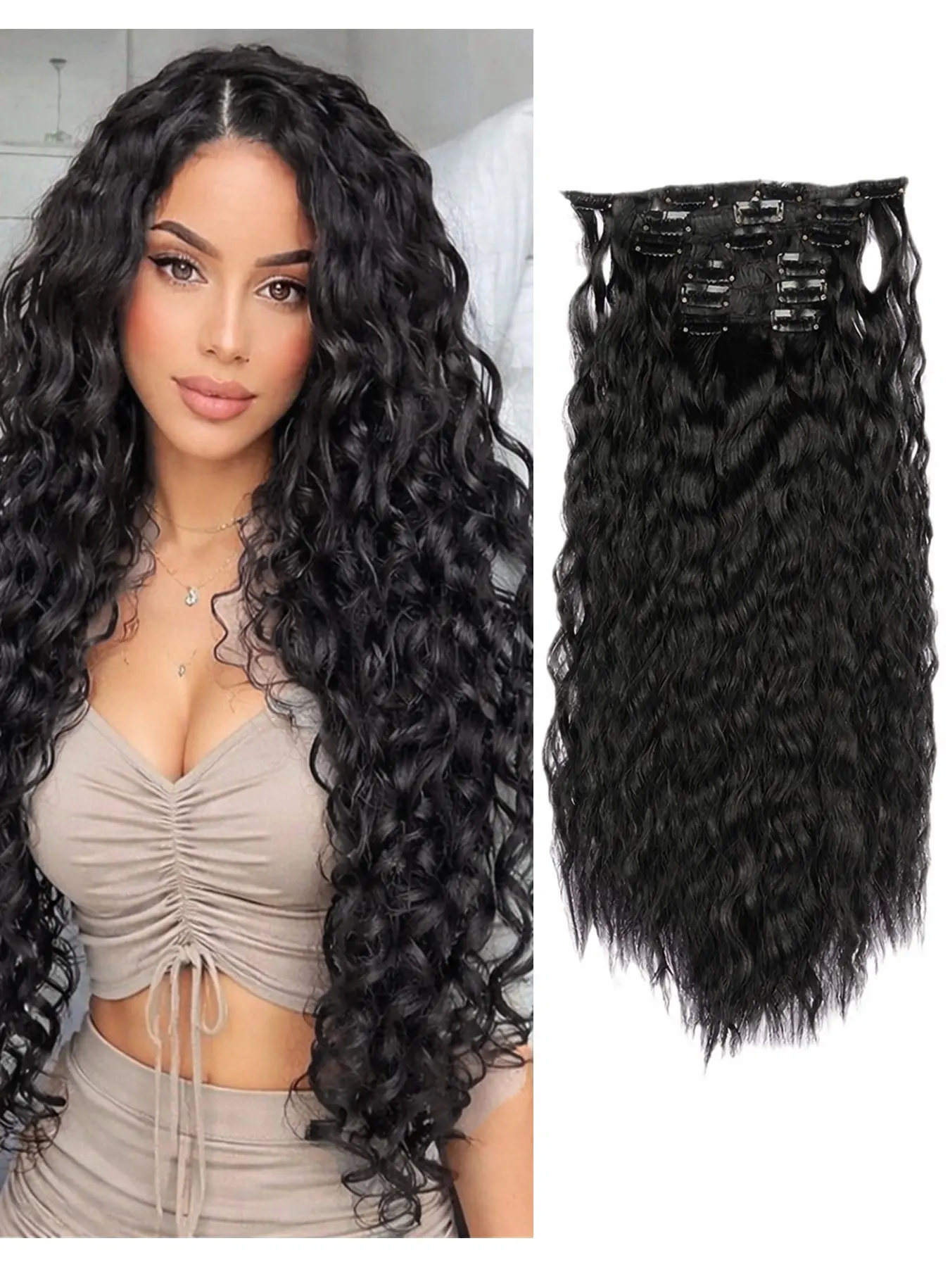 6PCS Glueless Invisible Clip Ins Hair Extensions Clip In Volume 24" Synthetic Long Curly Wavy Hair Pieces Black Hair Extensions Natural Black Color Thick Deep Wave Hairpieces