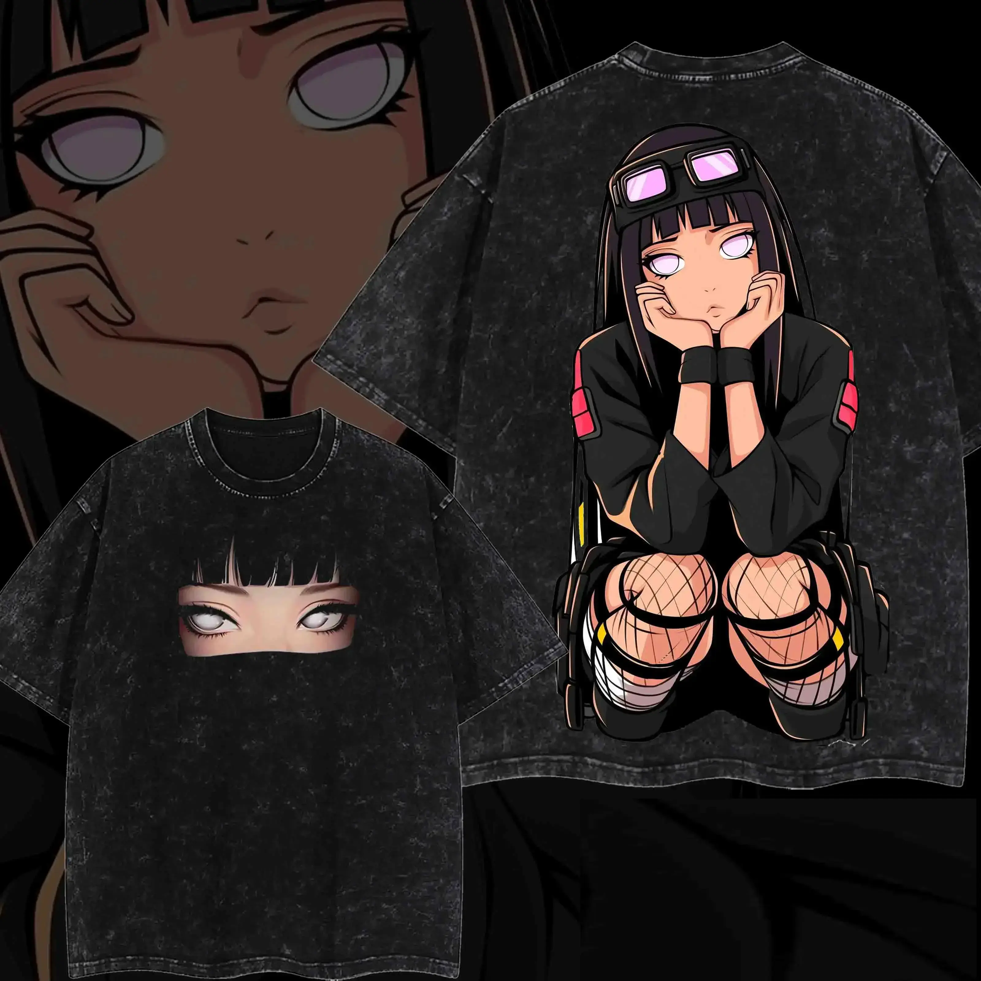 NARUTO Hinata Vintage Unisex Oversize Washed Cotton T-shirt - Menswear Graphic Tee, Grunge Skeleton Design, Breathable Casual Top for Anime Manga Lovers