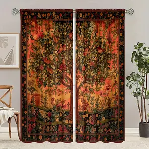 Bohemian Style Curtains Set of 2, Tropical Floral Sheer Drapes, Living Room Bedroom Kitchen Privacy Sunshade