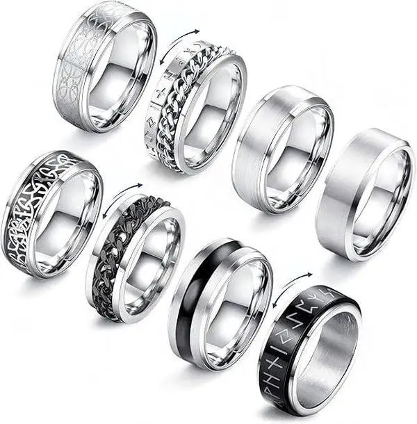 Men's 8-Pcs Stainless Steel Rotating Male Decompression Rings - Anxiety-Relieving Accessory That Relieves Anxiety for Daily Wear, Party Commemoration