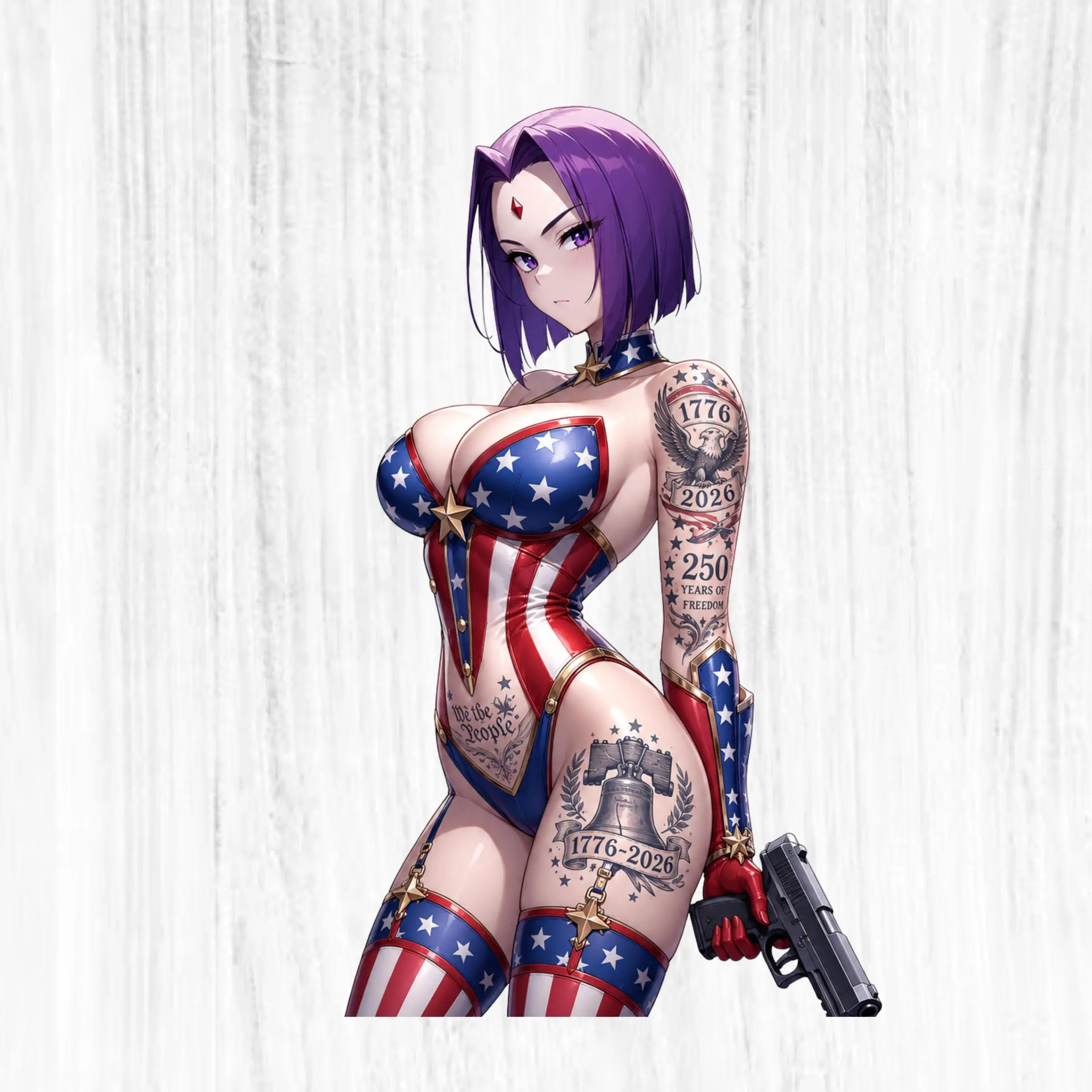 Raven Purple Hair Patriotic Anime Sticker, America 250 Decal, 1776-2026 Liberty Bell Tattoo Art