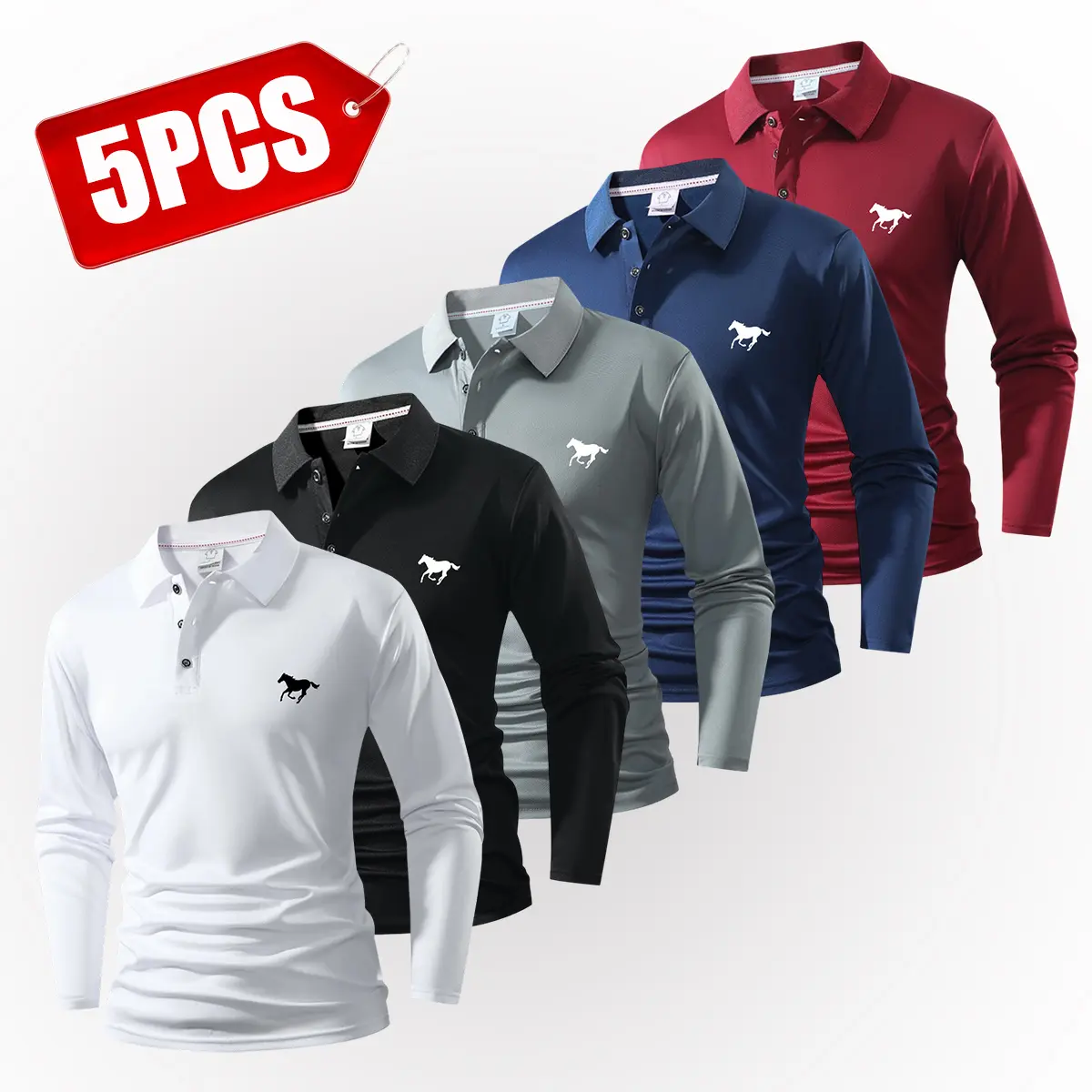 5-piece set of men’s long-sleeve polo shirts with turn-down collars, solid colors and multiple color options, casual athletic golf shirts for men