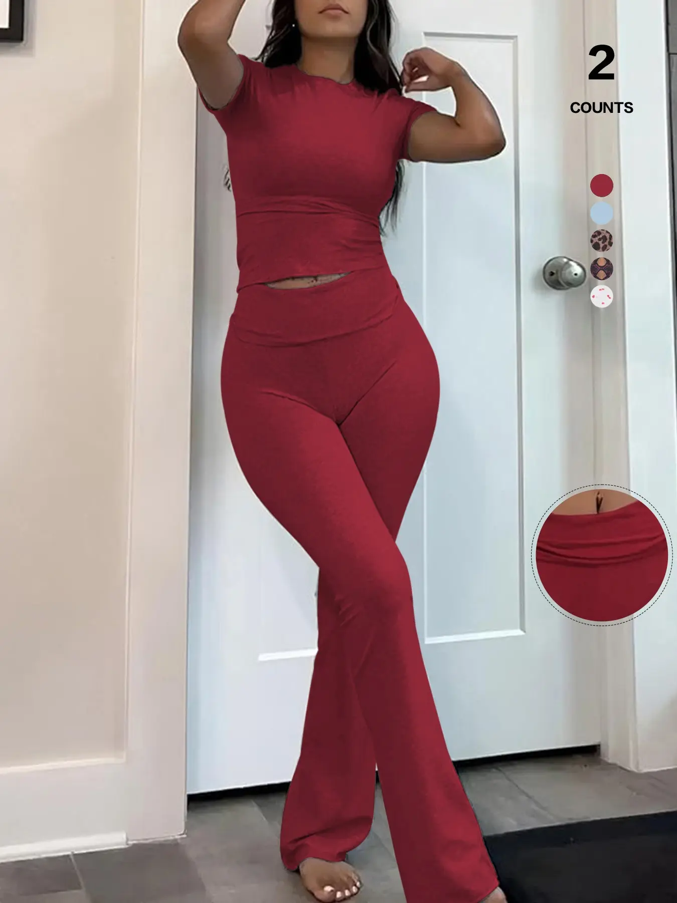 Women's 2-Piece Printed Spice Babe Set Womenswear Clothes, Round Neck Short Sleeve Crop Top + High Waist Bell Pants, Casual Fitted for All Seasons Outfit