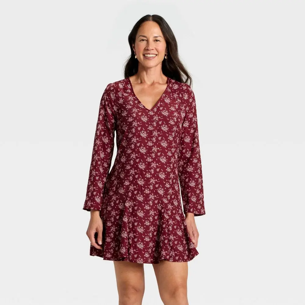 Universal Thread Women's Bell Sleeve V-Neck Mini A-Line Dress - Burgundy Floral