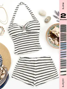 Women's Summer Two-Piece Set Striped Halter Neck Top Mini Shorts, Chic Casual Beach Vacation Wear, Stylish Ladies' Clothing, Womenswear