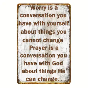 Inspirational Prayer Tin Sign "Worry vs Prayer" - 2D Flat Print Rustic Metal Wall Art for Home & Farmhouse Decor