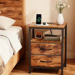 1/ 2P Bedside Table with Quick Charge USB/ Type-C Ports - Space Saving Floating Nightstand with 2 Adjustable Drawers& Built-in Socket, Ideal for Modern Bedrooms
